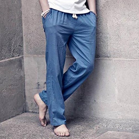 Linen Blend Lightweight Solid Casual Pants Drawstring Rope Pockets Elastic Waist - Picture 1 of 13
